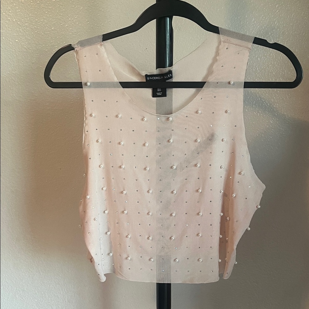 Sincerely Jules Light Blush Pearl Embellished Crop Mesh Top